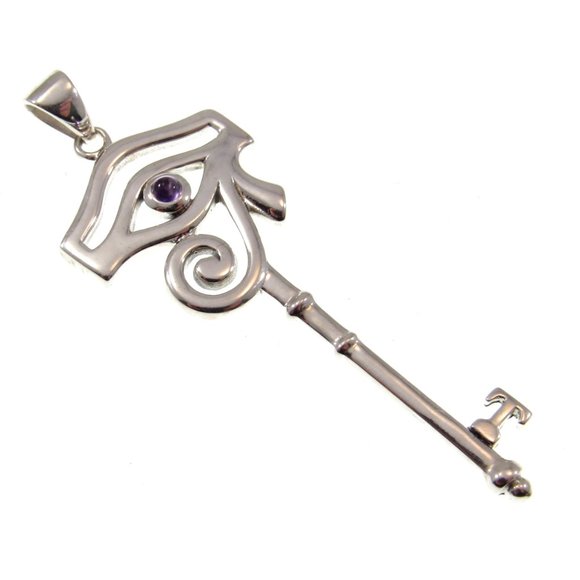 Solid 925 Sterling Silver Eye of Horus Spiritual Enchangement Key Pendant w/Gem - Picture 3 of 8